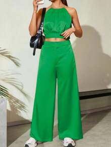 Lindo conjunto de 2 piezas unicolor de satén para mujer y elegante de verano - Verde - Ver 1