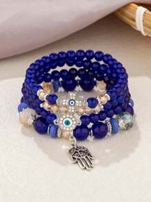 4pcs Blue Eye, Cross, Hamsa Hand Beaded Bracelet Set
