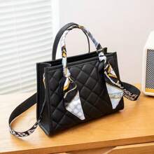 1pc Black Handbag, Solid Color Fashion Minimalist Women's Shoulder Bag, Unisex Briefcase, Rhombus Handbag, Comes With Scarf Decoration Needs Manual DIY Tying, English Strap Decor, Solid Color Shoulder Bag, Small Square Bag, Commuter Crossbody Bag