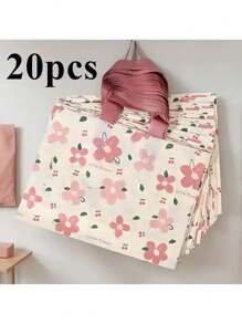 20/50pcs, Mocha Colored Floral Print Tote Bag - Thick, Waterproof, And Reusable With A Pink Handle - Perfect For Retail Displays, Clothing Stores, Jewelry And Clothing Shopping, Daily Handheld Use, Cute Floral Print Pattern, Gift Bag