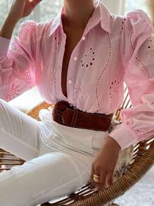 Conjunto de ropa de vacaciones de mujer verano Vaiaye de unicolor, tipo bohemio, con blusa bordada y calada, apropiada para vacaciones y uso diario