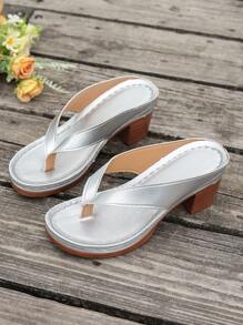 Plus Size Women's Boho Style Thick Heel Thong Sandals, Nude Color, Ultra-Light And Soft, Fashionable Versatile Comfortable Outdoor Casual Vacation Must-Have Slip-On Platform Clogs