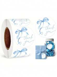 1 Roll/500 Blue Bow Thank You Stickers | 1-Inch Watercolor Stickers | Add Your Own Paper | For Showers, Weddings, Parties And Small Business Decor | Elegant Blue Ribbon Designs For Classrooms | Elegant Text Designs