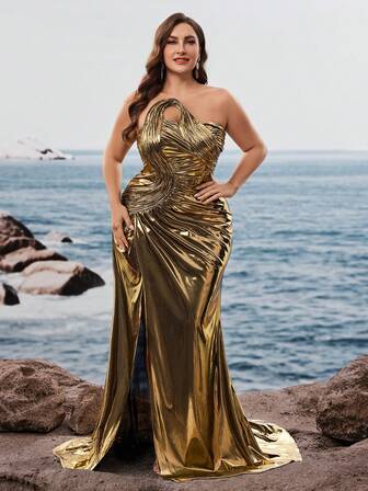 大码女式优雅设计亮片褶皱高开衩美人鱼礼服，奢华优雅，适合鸡尾酒会、舞会、婚礼、晚会（重型风格）