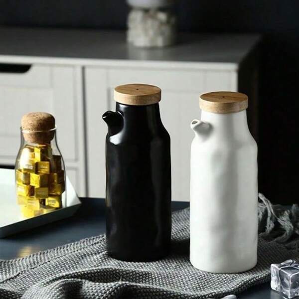 Bottiglia in ceramica stile giapponese per olio e aceto, vasetto per salsa di soia, resistente al forno, bottiglia per condimenti alimentari giapponesi in bianco e nero, adatta per uso domestico e ristoranti