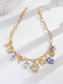 1pc Floral Ceramic Faux Watch Heart Locket Charm Necklace, Handmade White & Blue Porcelain Charms Necklaces Jewelry For Women, Bow Heart Charm Jewelry (Color And Shape May Vary) - Multicolor - View 2