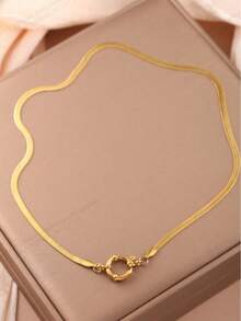 1pc Minimalist & Versatile Golden Snake Bone Chain Necklace, Suitable For Everyday And Party Wear - Yellow Gold - View 4