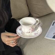 1pc French Retro Pink Embossed Ceramic Dish Set, Including Serving Plate, Coffee Cup & Saucer, Rice Bowl, Dessert Bowl, Tableware, Ceramic Plate, Coffee Cup & Saucer Series, Dessert Plate, Holiday/Souvenir Gift Back To School