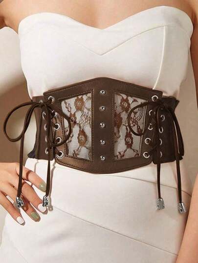 1 peça acessórios renascentistas femininos marrom café cinto elástico na cintura bustier espartilho renda malha sexy cintura cincher, adequado para festa de Halloween ou uso diário