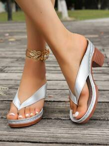 Plus Size Women's Boho Style Thick Heel Thong Sandals, Nude Color, Ultra-Light And Soft, Fashionable Versatile Comfortable Outdoor Casual Vacation Must-Have Slip-On Platform Clogs