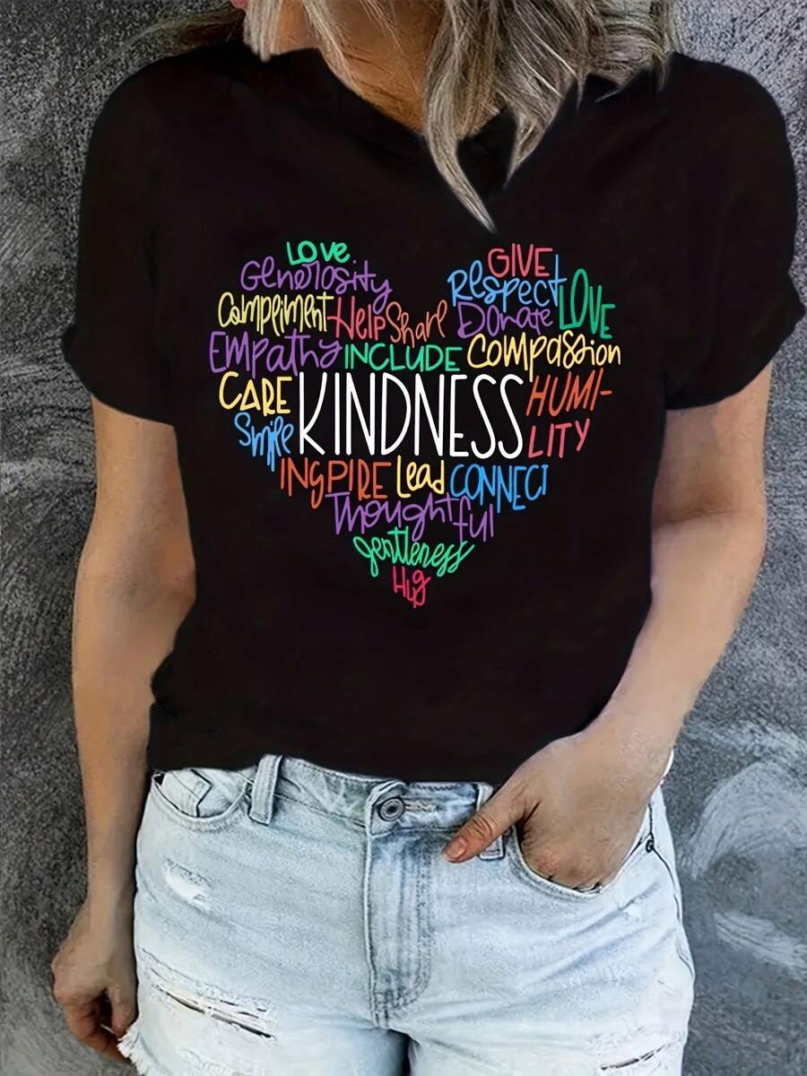 Camiseta negra con estampado gráfico de corazón de bondad para mujer, manga corta con cuello redondo 100% algodón de 180 g, diseño de texto inspirador que muestra amor, generosidad, empatía y más, camiseta informal cómoda para el uso diario, tela suave y transpirable, perfecta para difundir positividad y hacer una declaración con estilo - Negro - Ver 1