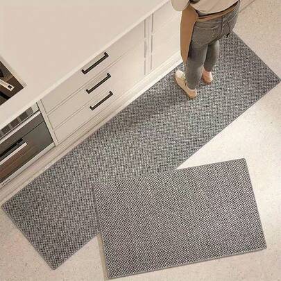 Tapete de cozinha lavável e antiderrapante de 1 peça - Tapete superabsorvente com forro de TPR, mistura de poliéster e borracha, design de sarja estilo fazenda para pia, corredor, lavanderia, tapete trançado listrado para entrada e piso, lavável