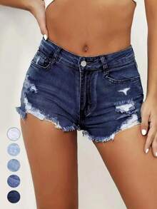 KWomen's Ripped Slash Pockets Vintage Denim Shorts, Womenswear Casual  Raw Hem Jean Shorts For Daily Wear, Ladies Fall Jorts Bottoms, Stretchy Jeans, Jeans For Women, Pants For Women, Jeans, Y2K Clothing - 深色洗淨 - 查看 1