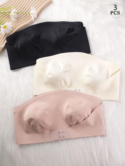 3pcs Women Comfort Lightweight Solid Color Strapless Bandeau Bra Tube Top Seamless Camisole Undergarment