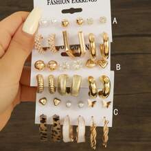 6-18pcs/Set Fashion Simple Versatile European & American Style Golden Metal Faux Pearl Heart Rhinestone Earrings Set, Suitable For Parties, Gatherings, Daily Wear, And Holiday Gifts