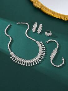 4 pièces/Set Parure de bijoux mode Arabie Saoudite, collier pendentif goutte d'eau avec micro-pavé de zircone blanche/bleue/verte, accessoires de mariage de mariée