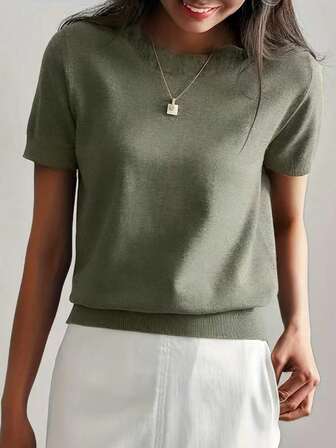 宽松圆领短袖短款针织毛衣薄款套头 T 恤，春秋季