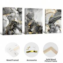 3pcs Frameless Luxury Modern Abstract Black & Gold Marble Wall Art - Perfect For Home Interior Decoration, Optional Frame