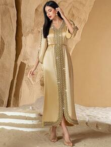New Style Champagne Color Contrast Lace Handmade Beaded Arabic Evening Dress