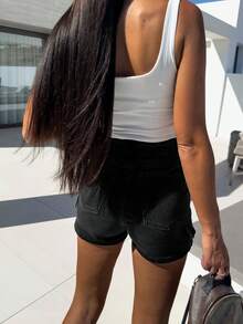 4 Season Plain Color Casual Elastic Waist Zipper Multi-Pocket Asymmetrical Hem Culottes Pants