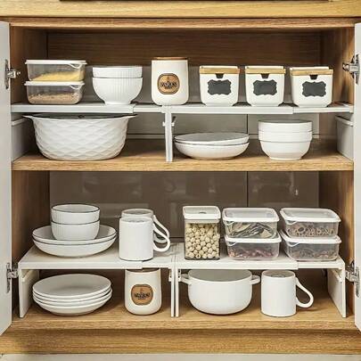 2-Tier ABS Storage Rack For Kitchen Cabinet - Space Saving, No Drilling Required, Easy To Install Flat Shelf For Storing Utensils, Bowls And Containers, Great For Home Organization, Kitchen Storage And Shelving