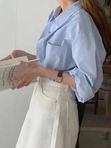 女式纯色长袖单排扣口袋休闲衬衫 - 藍色 - 查看 4