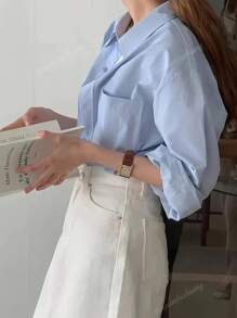 Women's Solid Color Long Sleeve Single-Breasted Pocket Casual Shirt