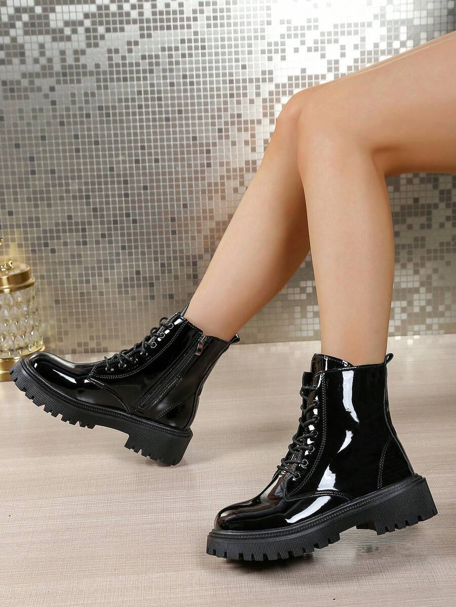 New Women's Fashion Lace-Up Thick Sole Black Glossy PU Leather Short Boots With Zipper, Retro Motorcycle Boots