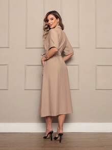 Dress Simple Casual Elegant Party With Belt Button - Khaki - View 2