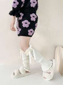Fashion Retro Girls Ruffle Bow Knitted Long Sock, Warm Leg Warmers, Spring Autumn