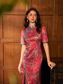 Contemporary Chinese-Inspired Cheongsam Dress With High Neck Collar & Short Sleeves, Elegant Floral Embroidery, Structured Silhouette,Piping Detailing For Formal Galas, Weddings, Corporate Banquets, Ceremonial Events - Red - View 5