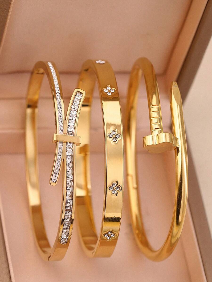 3pcs Fashion Cubic Zirconia Inlaid Stainless Steel Bracelet For Women, Suitable For Daily Wear, Mother's Day Gift, Party Anniversary Present - Diamond Style - View 1