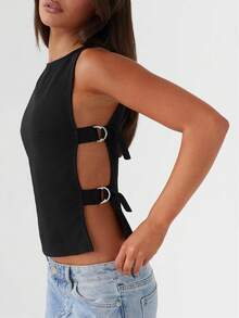 Women Buckle Tank Top Y2k Slim Fit Crop Tops Sexy Sleeveless Round Neck Hollow Out Shirt Rave Outfits - 黑色 - 查看 2