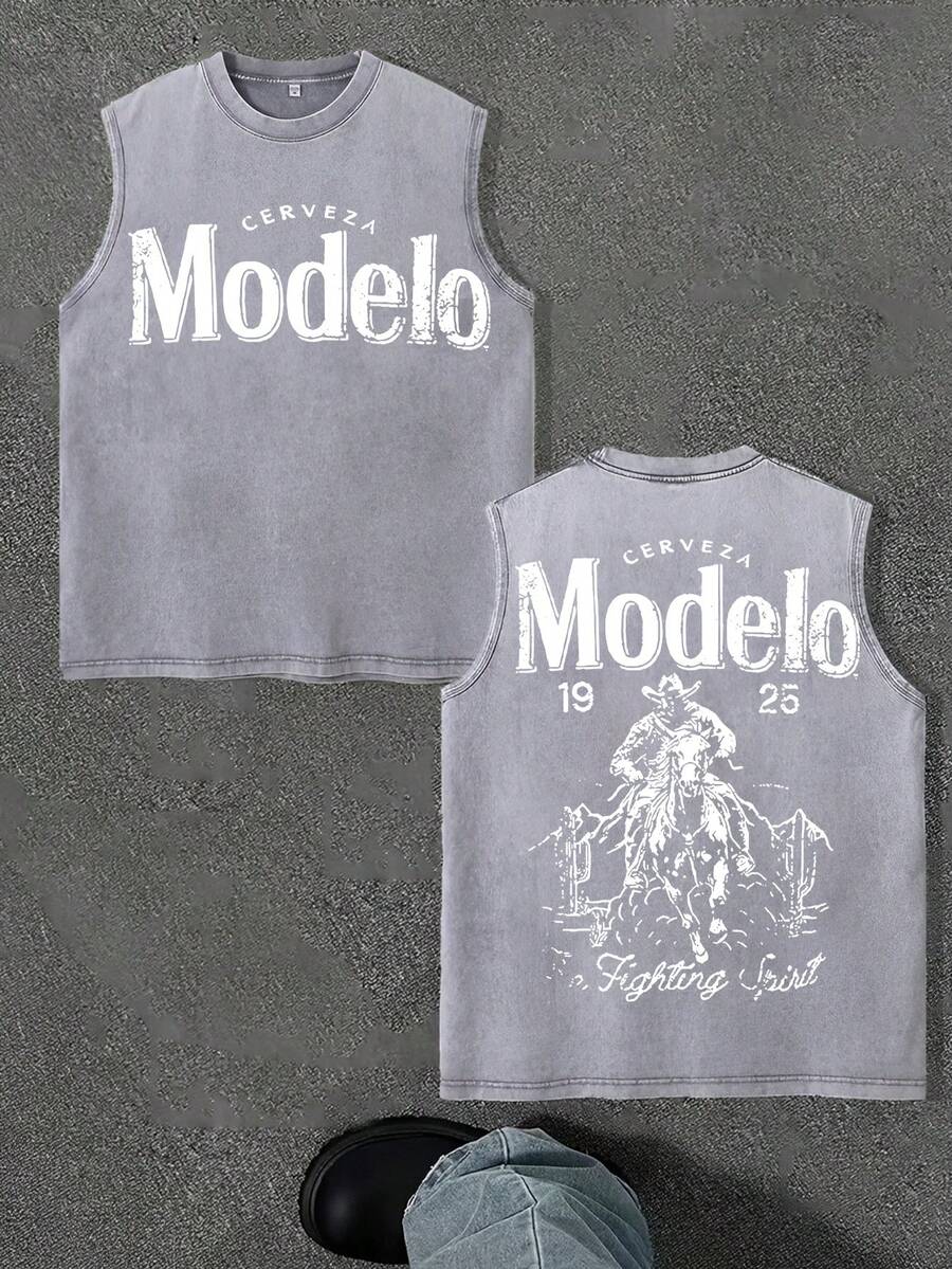 Modelo  Front And Back Prints  New Men's Premium Printed 230G Heavy Pure Cotton Washed And Aged Waistcoat Sleeveless Vest Men's T-Shirt, Summer Casual T-Shirt Casual T-Shirt - 灰色 - 查看 1