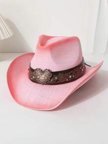 1pc Women's Heart-Shaped Belt Decor Western Cowboy Hat, Straw Hat, Spring Autumn New Versatile Sun Visor Outdoor Sun Protection Hat, Beach Hat, Suitable For Daily Wear, Beach Trip, Travel, Photo Shoot, Fashionable - Straw Hat - View 6