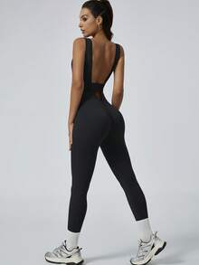 NcmRyu 1pc Women Elastic Hollow-Out Seamless Backless Tummy Control Lifting Sport Jumpsuit, Spring/Summer - Black - View 10