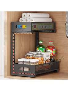 Under Sink Storage Organiser Shelf Spice Rack Pull Out Drawer Kitchen 2 Tier UK - Black - View 1