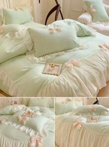 2/3 Peças Conjunto Capa de Edredom com Babado de Laço de Chiffon (1 Capa de Edredom, 1/2 Fronhas), Conjunto de Roupa de Cama com Laço 3D de Poliéster Francês, Premium Macio & Confortável, Uso Anual, Lavável em Máquina, Com Laços nos Cantos, Adequado para Quarto, Casa e Hotel