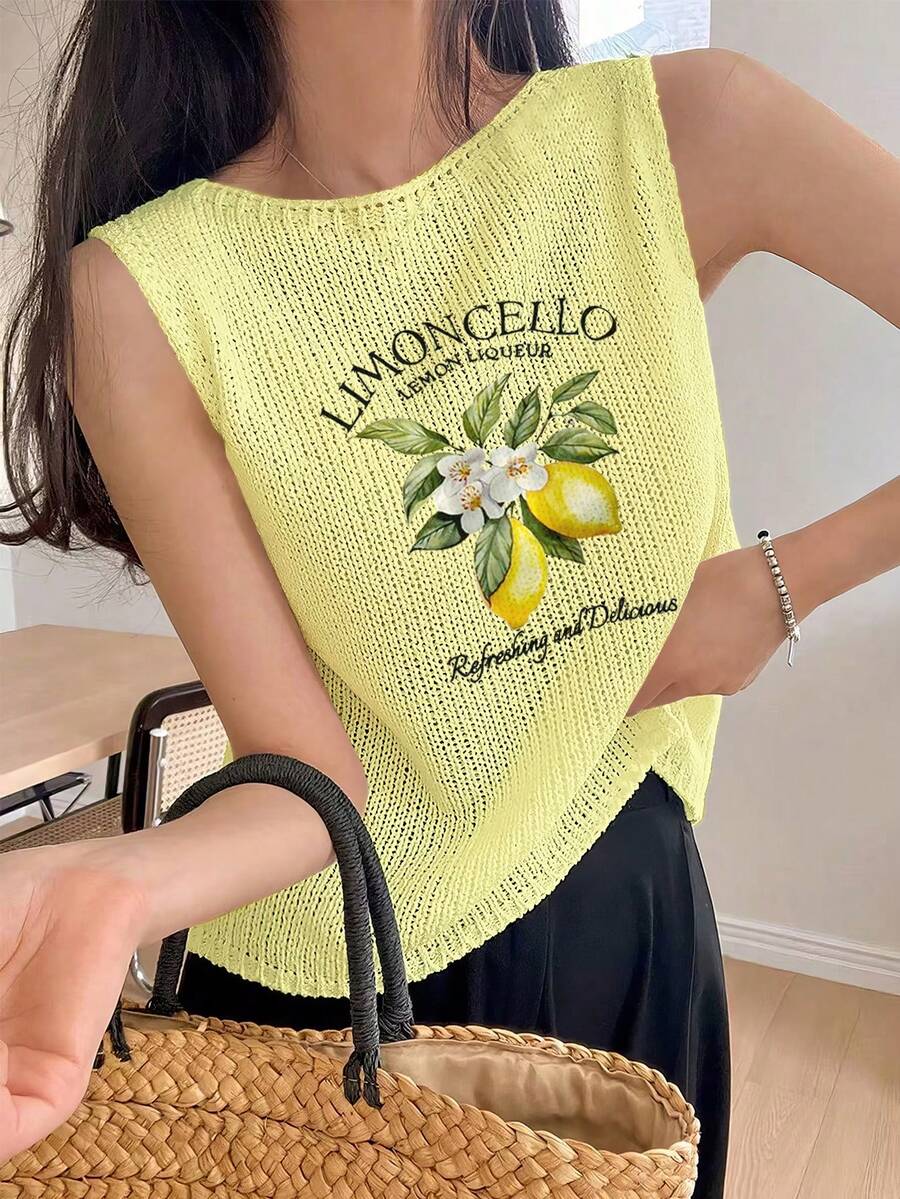 Áo vest nữ cổ tròn in họa tiết chanh mùa xuân và mùa hè, áo phông trắng mùa hè, đơn giản, phong cách, thích hợp để đi làm, áo nữ mùa hè - Màu vàng - Xem 1