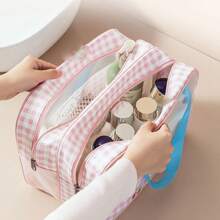 1pc Funny Transparent Cosmetic Bag/Portable Toiletry Bag/Waterproof PVC Storage Pouch/Double-Layer Separation Dry & Wet Bag