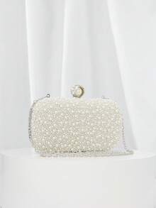 珍珠点缀手拿包，优雅高端手提包，适合订婚派对、旗袍及其他正式场合。精致优雅的珍珠包，适合搭配女士晚礼服，Aurora手提包，设计精美的斜角珍珠盒形包，适合女士晚装。 - 白色 - 查看 5