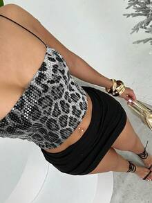 Áo hai dây đính sequin họa tiết da báo cổ điển gợi cảm thời Y2K - Xám - Xem 7