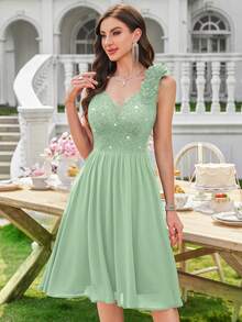 MIUSOL Deep V-Neck Sequin Floral Lace Sleeveless Ruffle Hem Chiffon Cocktail Party Swing Dress - Mint Green - View 7