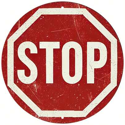 [2D Flat] Vintage Stop Sign Aluminum Wall Art - 7.8" Round Retro Traffic Symbol Poster, Perfect For Bar, Cafe, Beach House, Playroom & Backyard Decor, Metal Outdoor Decor