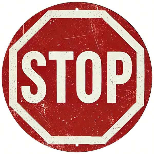 [2D Flat] Vintage Stop Sign Aluminum Wall Art - 7.8" Round Retro Traffic Symbol Poster, Perfect For Bar, Cafe, Beach House, Playroom & Backyard Decor, Metal Outdoor Decor