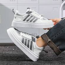 Nuevos tenis casuales de lona con cuatro rayas, de suela transpirable y cómoda, ideales para otoño, para hombres - ceniza blanca - Ver 3