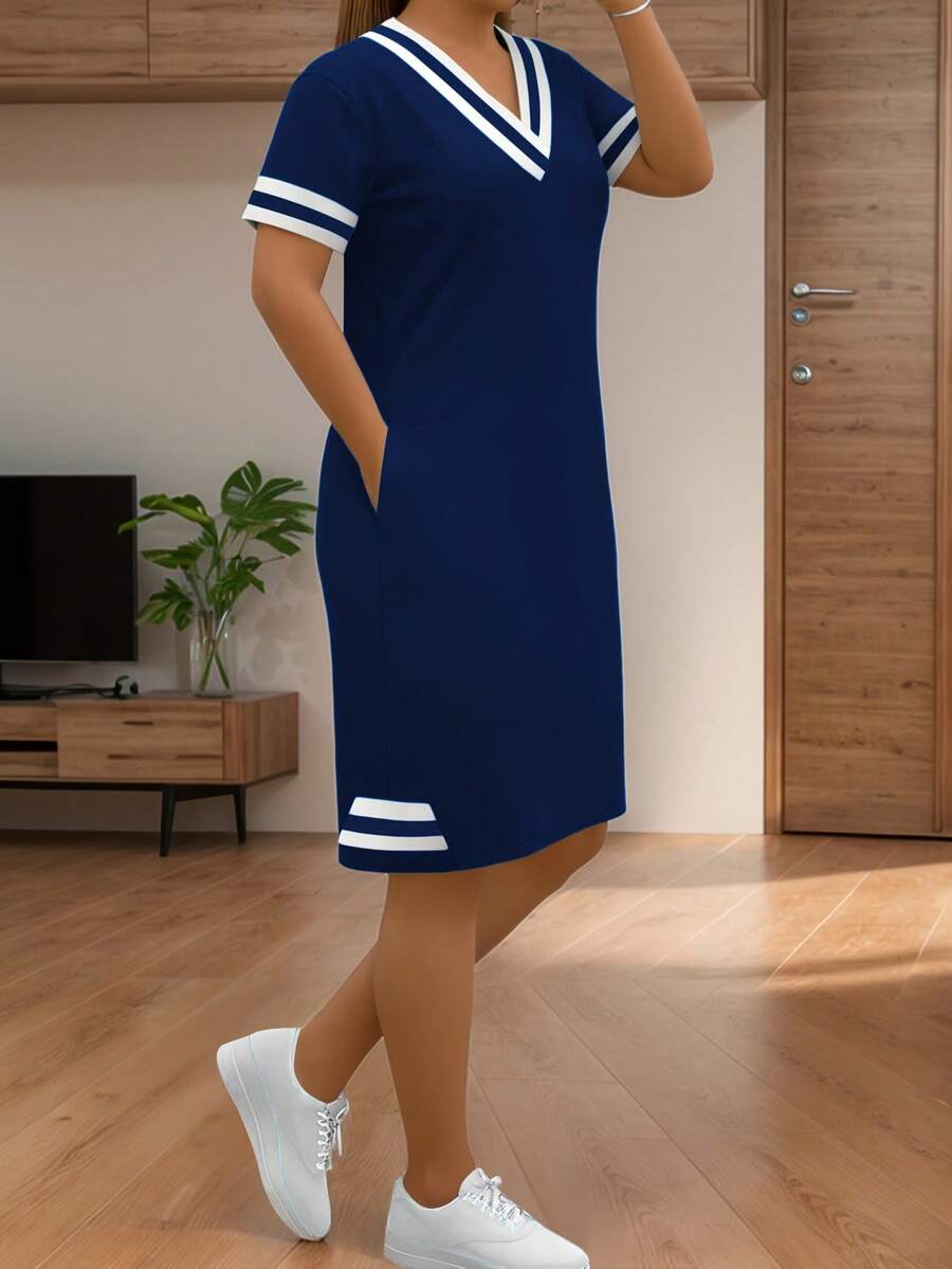 时尚休闲百搭拼色条纹拼接V领口袋短袖夏装