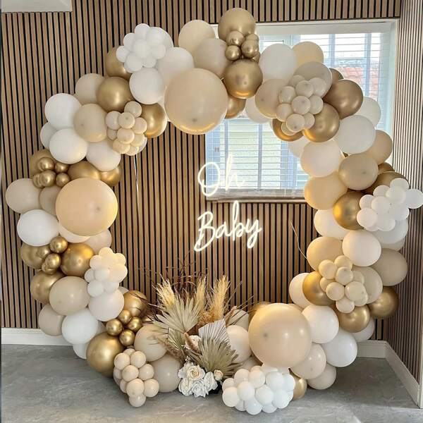 159pcs White & Nude Balloon Arch & Wreath Kit With Gold Chrome Foil Latex Balloons, Suitable For Boho Wedding, Baby Shower, Bride Party, Engagement, Anniversary, Birthday Decoration Background