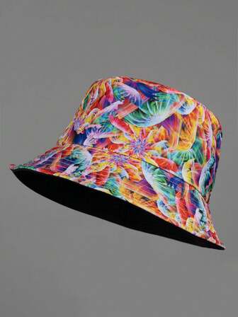 1 Colorful Printed Hat Casual Double-Sided Neutral Basin Hat For Men And Women Outdoor Lightweight Sun Protection Bucket Hat, Suitable For Daily Travel, Leisure And Entertainment