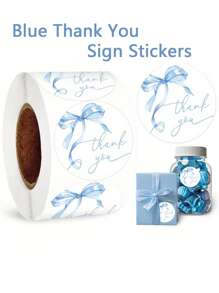 1 Roll/500 Blue Bow Thank You Stickers | 1-Inch Watercolor Stickers | Add Your Own Paper | For Showers, Weddings, Parties And Small Business Decor | Elegant Blue Ribbon Designs For Classrooms | Elegant Text Designs
